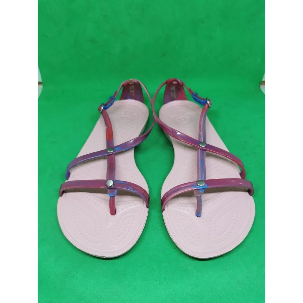 CROCS Size 7 Really Sexi Thong Pink Marble Studded Strappy Sandals Comfort Flat